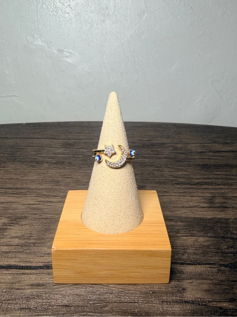 Gold Moon & Star Crystal Ring with Blue Accent adjustable